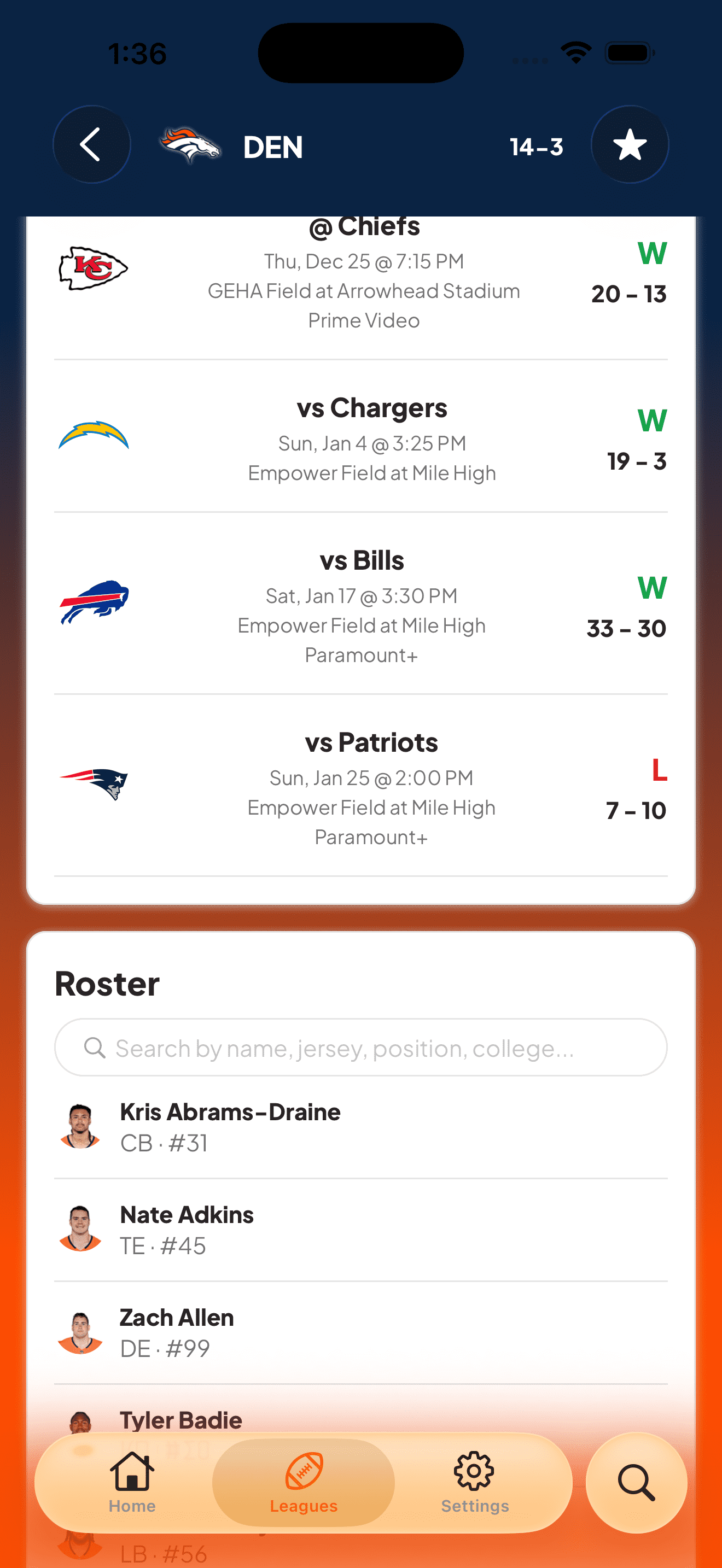 Team Schedule & Roster